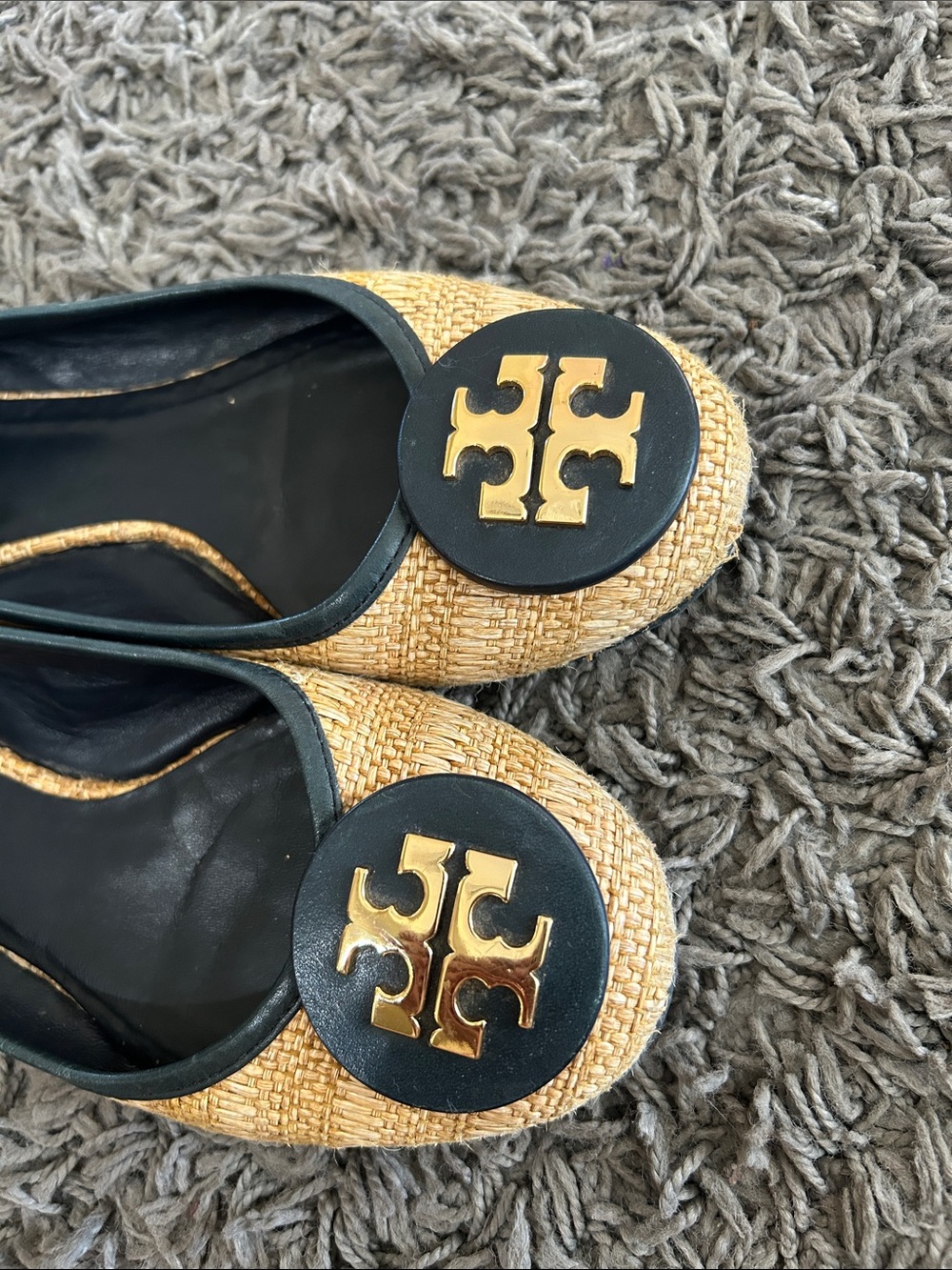 Tory Burch Reva Raffia Ballet Flats Tan with Black Trim & Gold Logo Size 9 - Picture 5 of 11